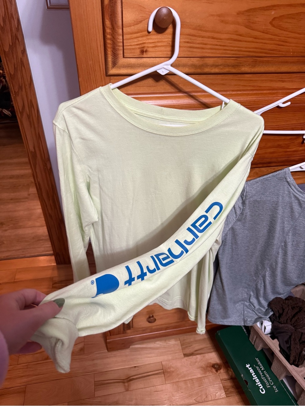 Carhartt Long-Sleeve Logo Tee in Pale Lime with Blue Sleeve Print